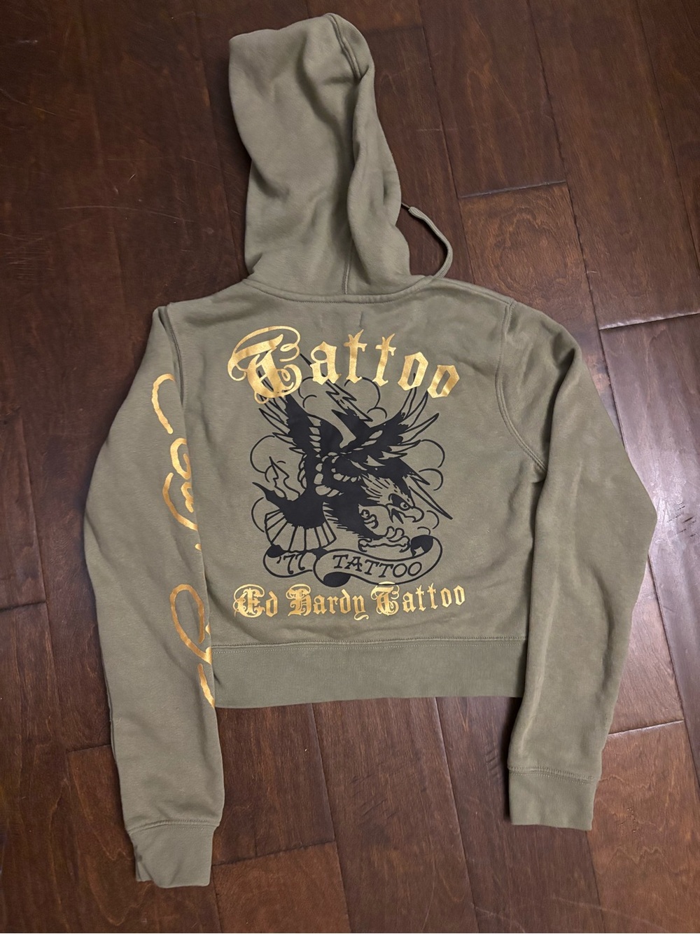 Ed Hardy Broken Heart Sage Green Cropped jacket Size M with Tattooed Eagle.